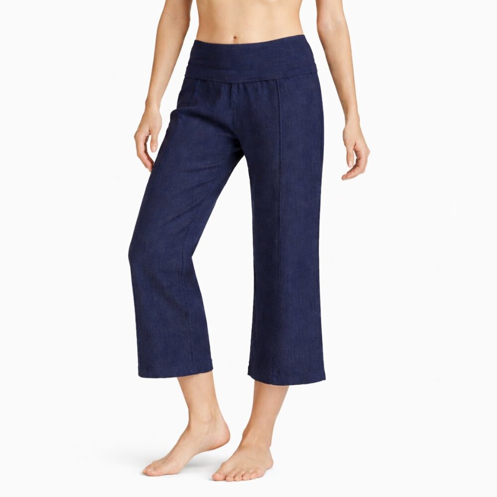 JUST LIVING Roll-Over Waist Linen Blend Pants Lagenlook Blue Women Large x 23.5"